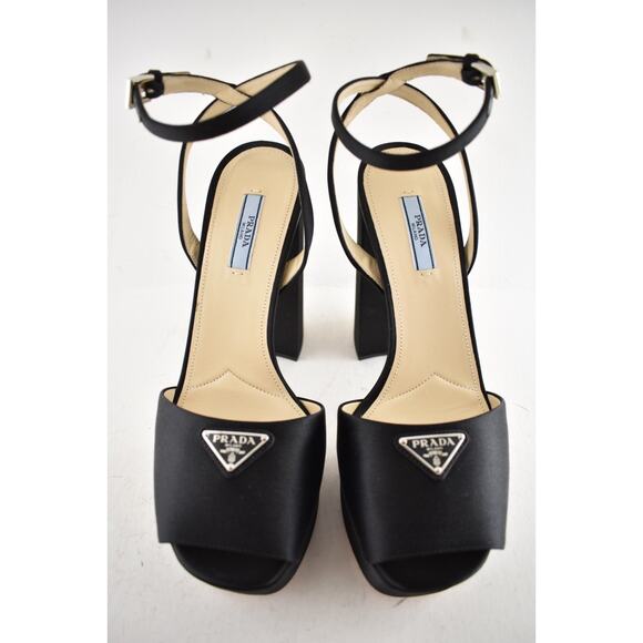 Prada 135mm Black Satin Logo Platform Sandal Ankle Strap Block Heel Pump 41.5 - Picture 7 of 14